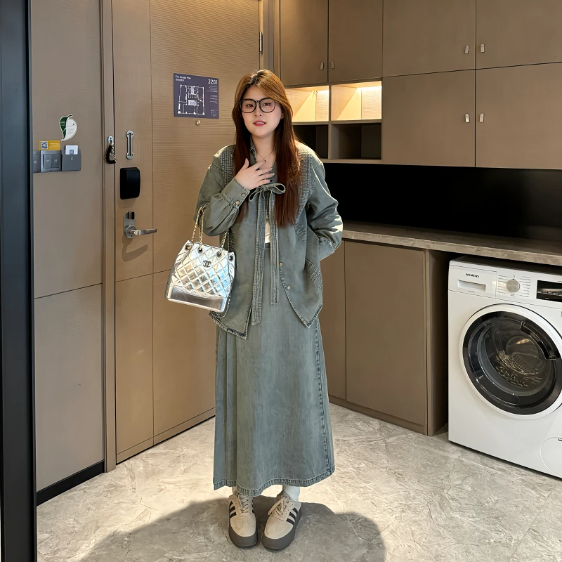 盈盈&南岛风大码女装设计感乌托邦牛仔外套胖mm半裙套装ZYY411