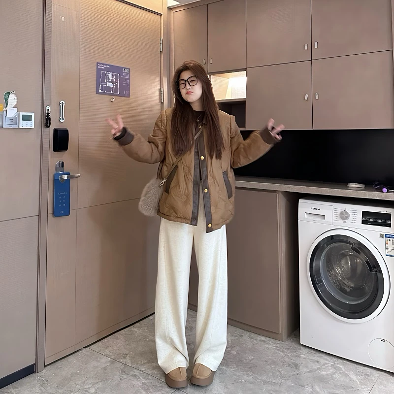 盈盈&南岛风大码女装新款冬拼接皮胖mm宽松数字印花羽绒服女ZYY84