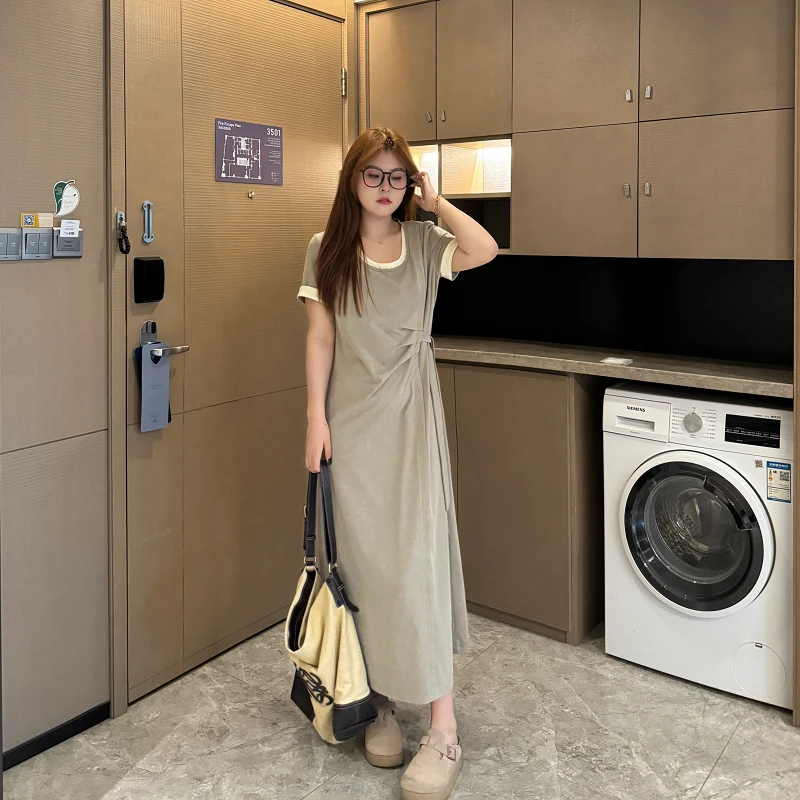 盈盈&南岛风大码女装遮肚子显瘦胖mm撞色休闲长款a字连衣裙ZYY683