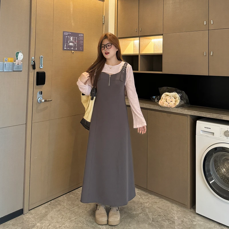 盈盈&南岛风大码女装春秋胖mm显瘦背带两件套长袖连衣裙ZYY791