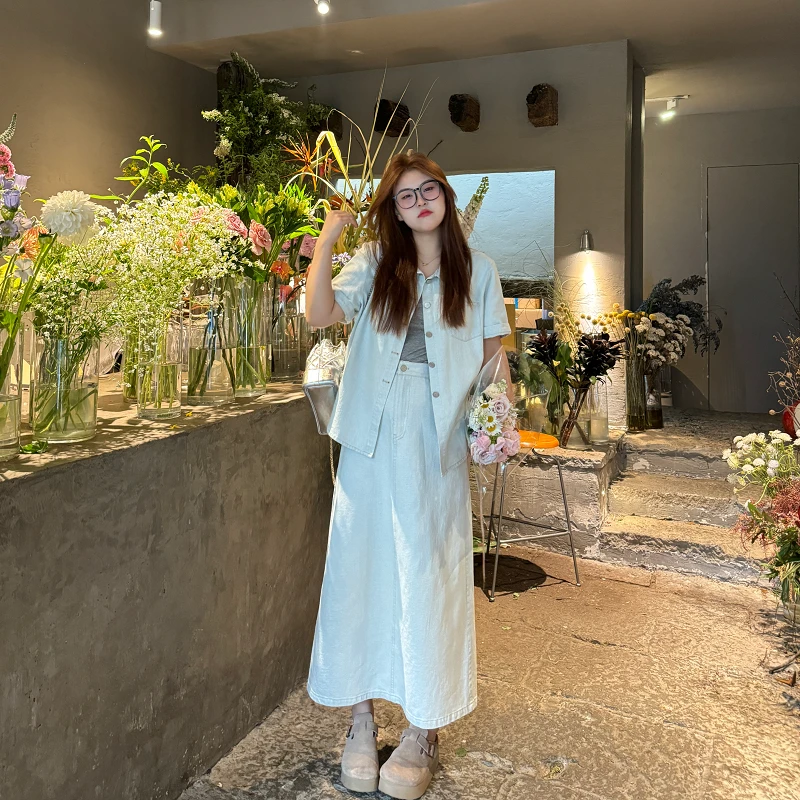 盈盈&南岛风大码女装夏季短袖胖mm牛仔衬衫上衣半身裙套装ZYY592