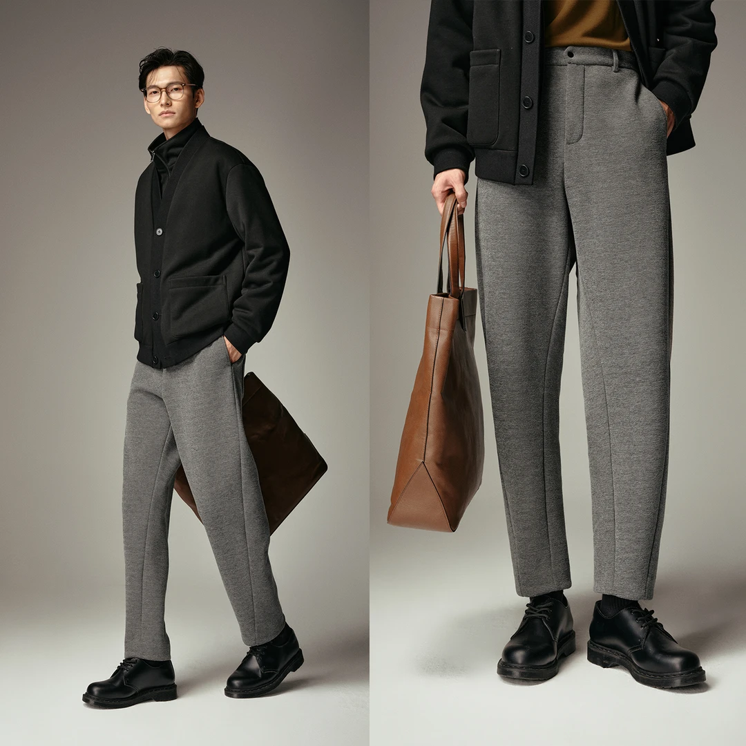 THESSNCE微羊毛复合绒弯刀弹力直筒休闲裤宽松保暖长裤秋冬季男