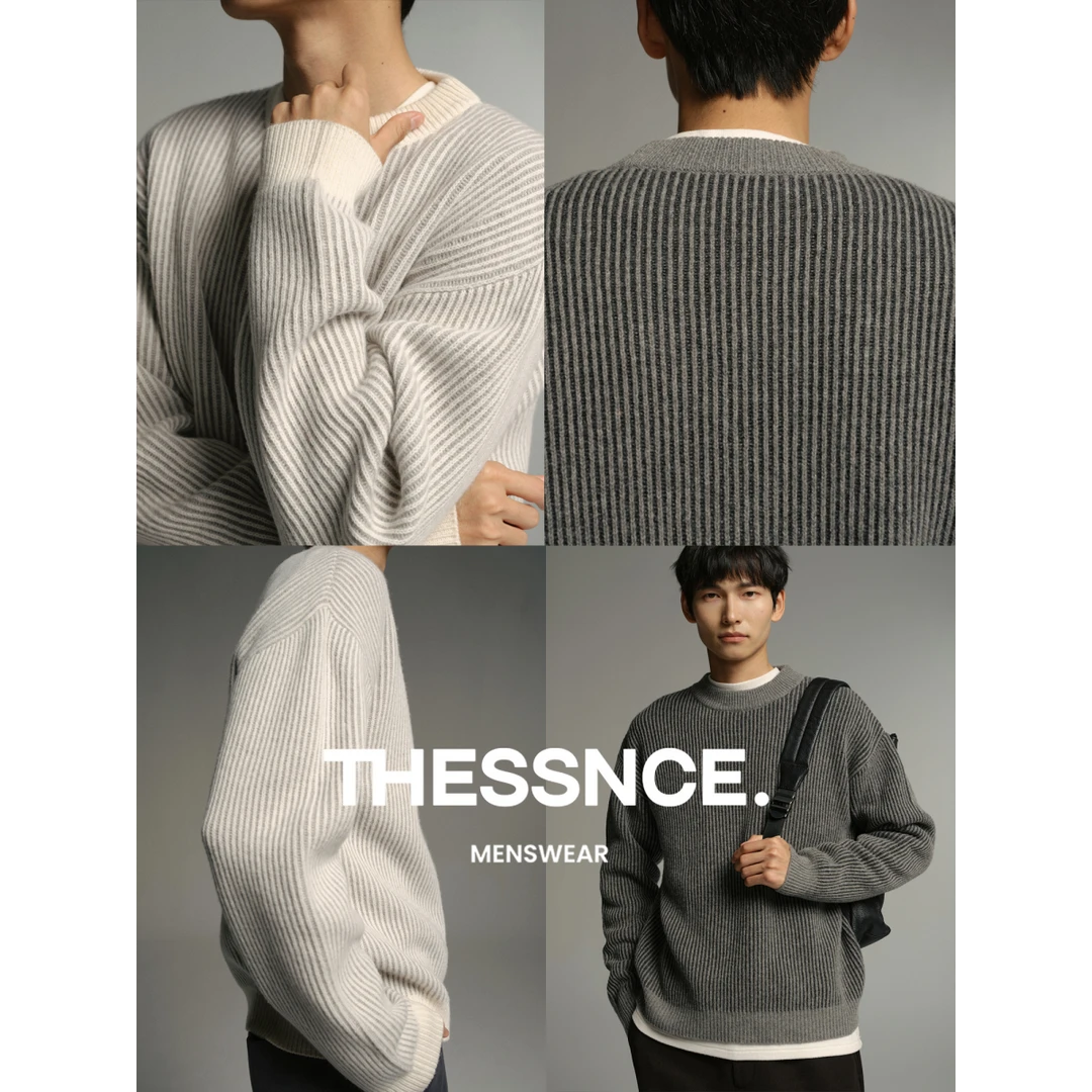 重磅蓬松暖绒 纯羊毛双鱼鳞立体间色坑条 套头毛衣针织衫男秋冬