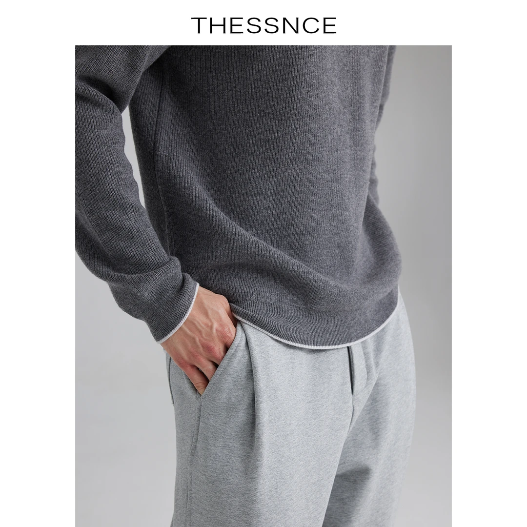THESSNCE.美丽诺纯洋毛 撞色底摆华夫格肌理温暖男士针织衫毛衣