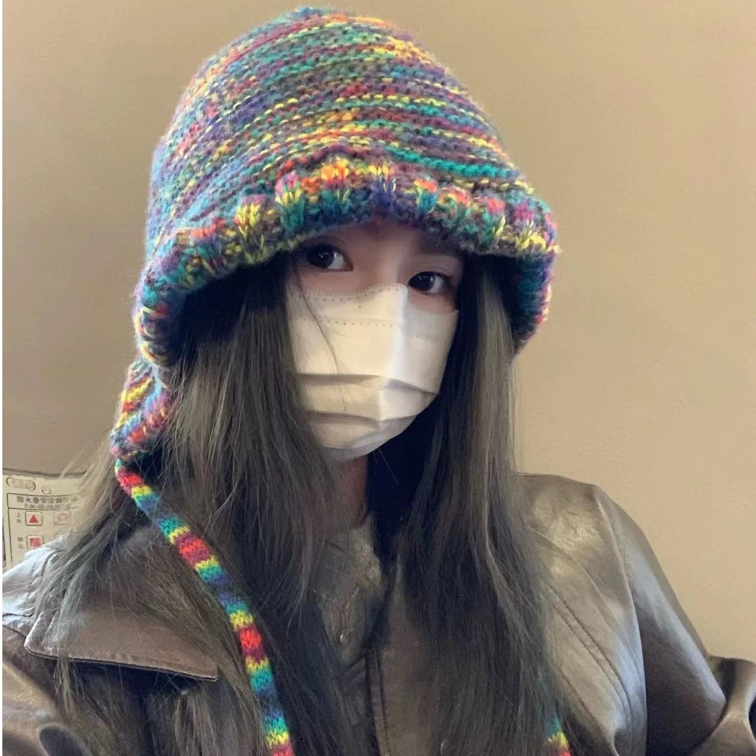 秋冬针织帽子女网红氛围感彩虹帽手工休闲时尚百搭包头护耳帽
