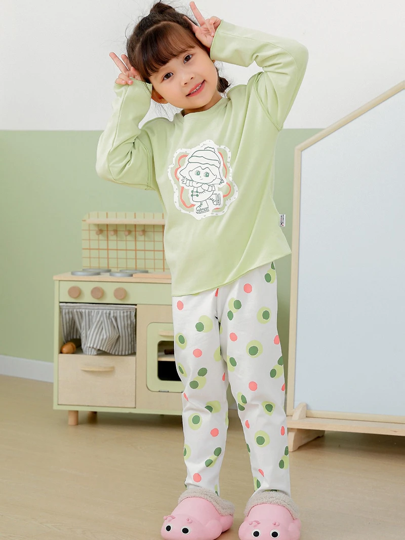 3528女童莱卡抗菌套装圆领儿童款睡衣波点家居服纯棉两件套长袖