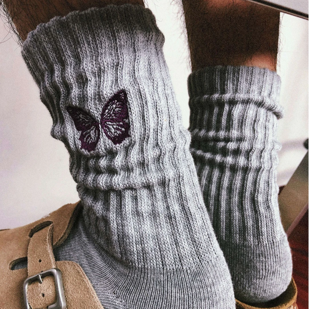 TREETALLIFE秋冬简约cityboy情侣刺绣蝴蝶毛巾底堆堆袜