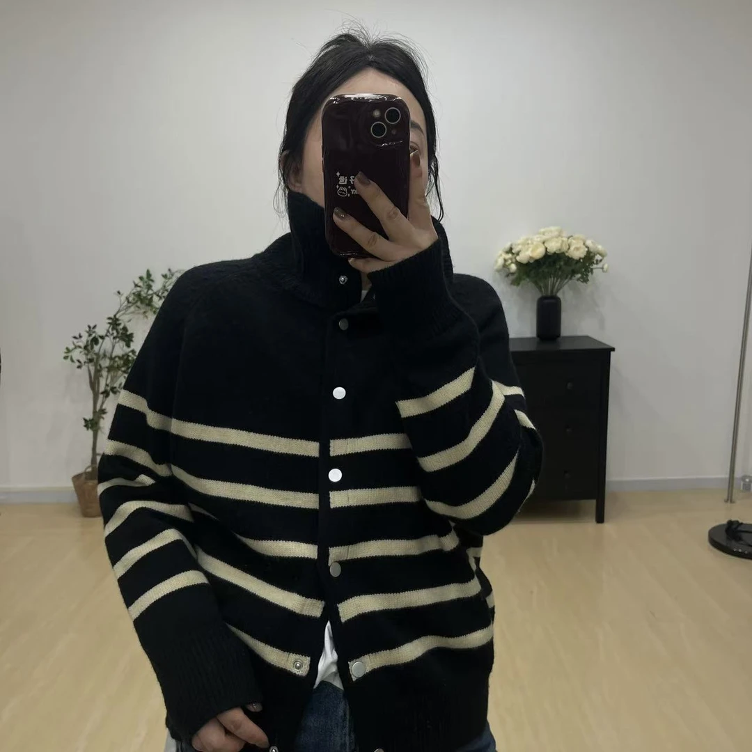 新款5561黑杏条纹时尚宽松休闲百搭长袖女士上衣开衫针织毛衣