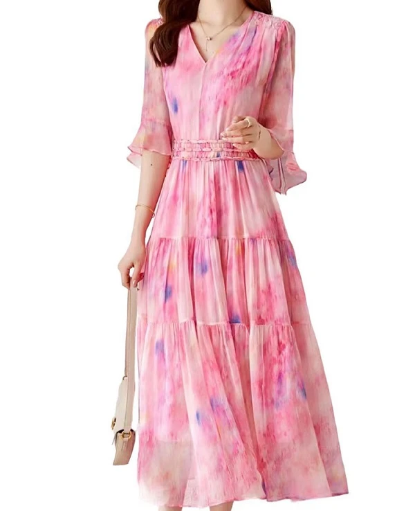 1323夏气质设计师百搭印花收腰轻奢女士夏季真丝连时尚夏碎花裙