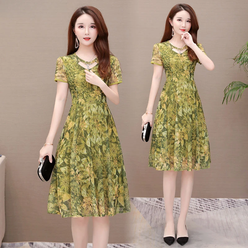 印花修身中年女妈妈裙连衣裙2025春秋季新款显瘦收腰网纱中长款裙