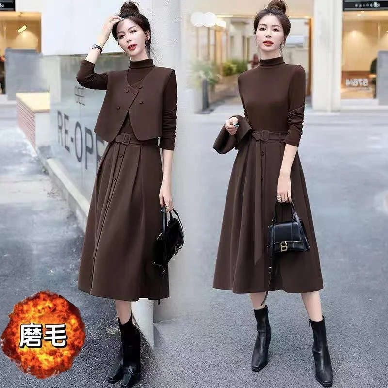 秋冬连衣裙长袖三件套洋气气质女神范高级感法式马甲