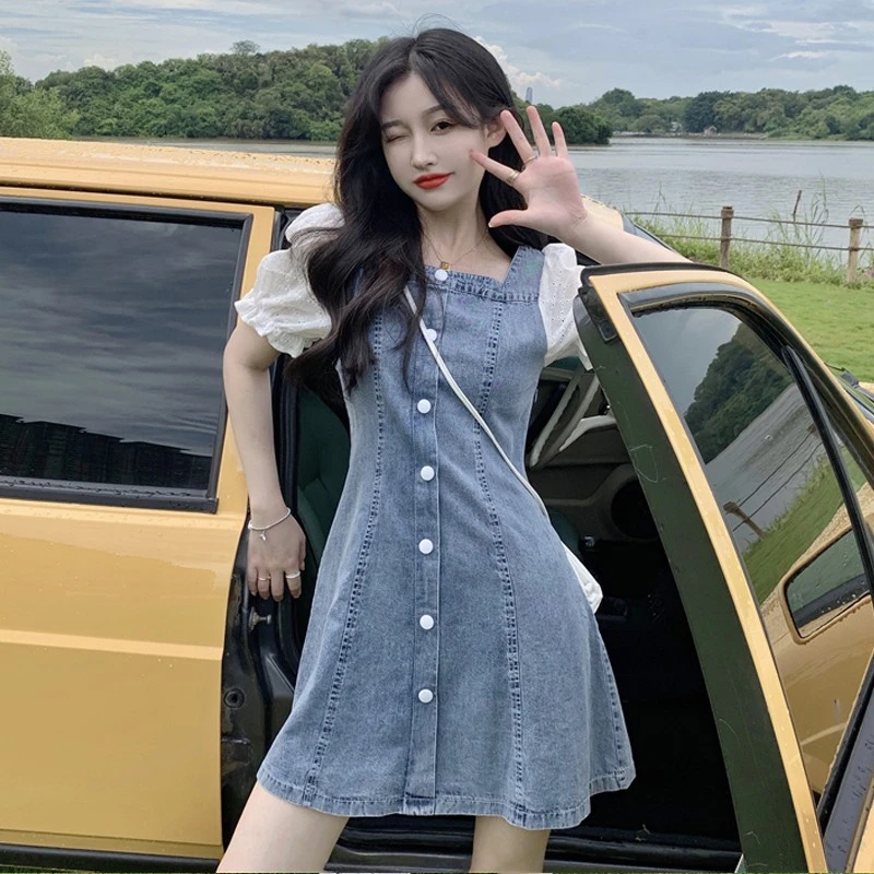 法式方领连衣裙女夏季小个子泡泡袖显瘦牛仔裙收腰初恋裙复古短裙