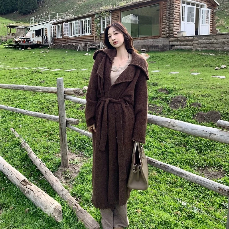 【蓝色记忆】湖蓝中长款休闲气质针织开衫外套大衣时尚西装领宽松