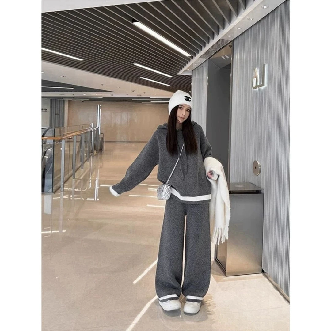 宽松休闲慵懒风款式连帽毛织套装女春秋显瘦运动上衣+裤子两件套