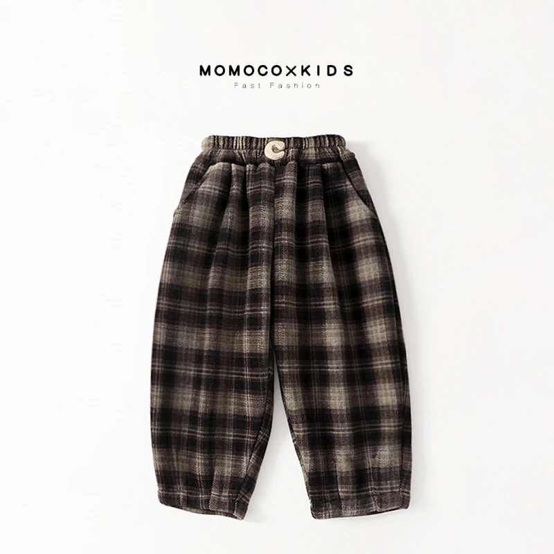 MOMOCO/男童加绒秋冬个性哈伦呢料格子裤宽松休闲裤76430354207