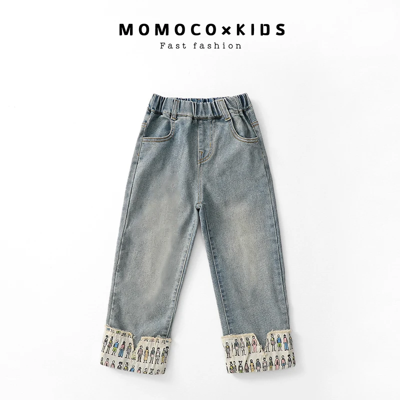 MOMOCO儿童春秋女童直筒时尚休闲水洗复古阔腿牛仔裤75530350017