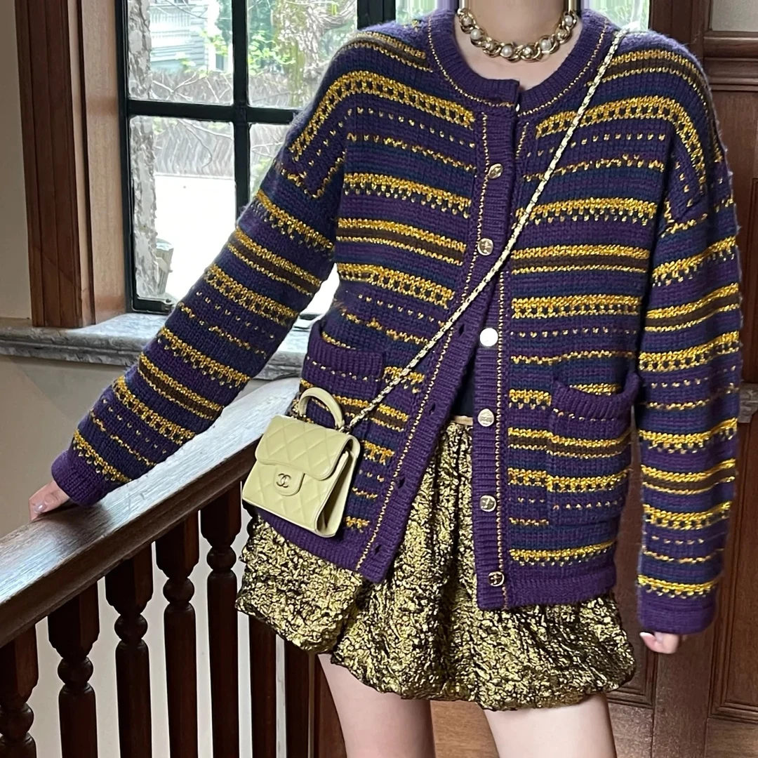 I+新款条纹小香风针织开衫