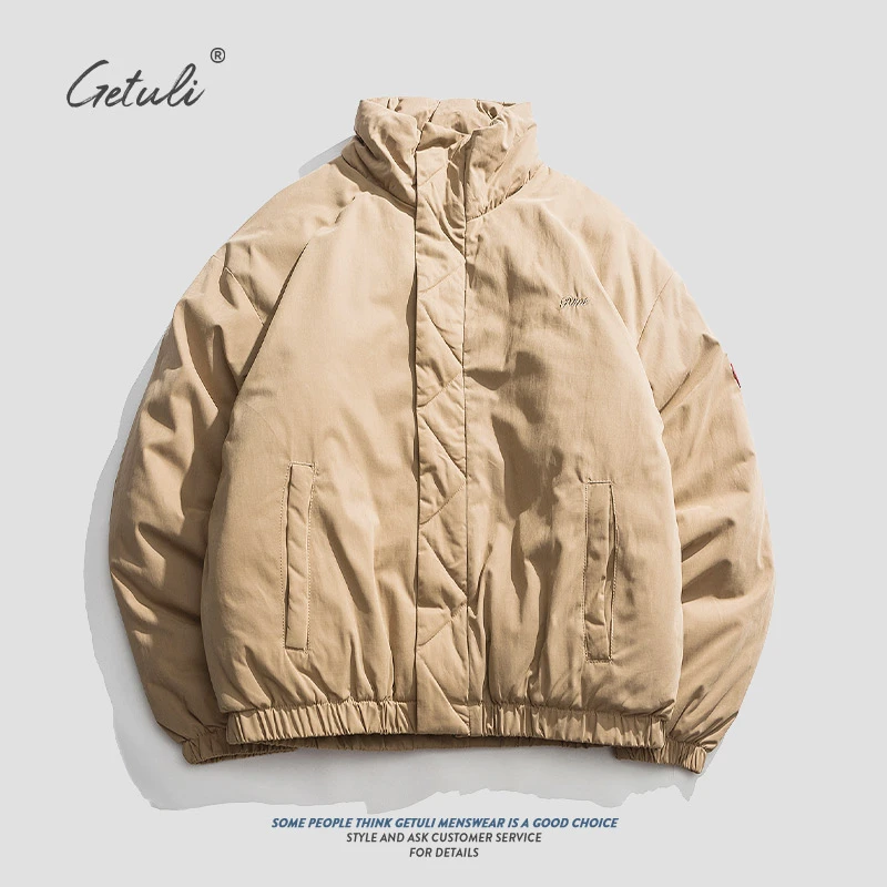 外套男冬款棉服立领卡其色工装徽章纯色加厚宽松百搭美式短款棉衣