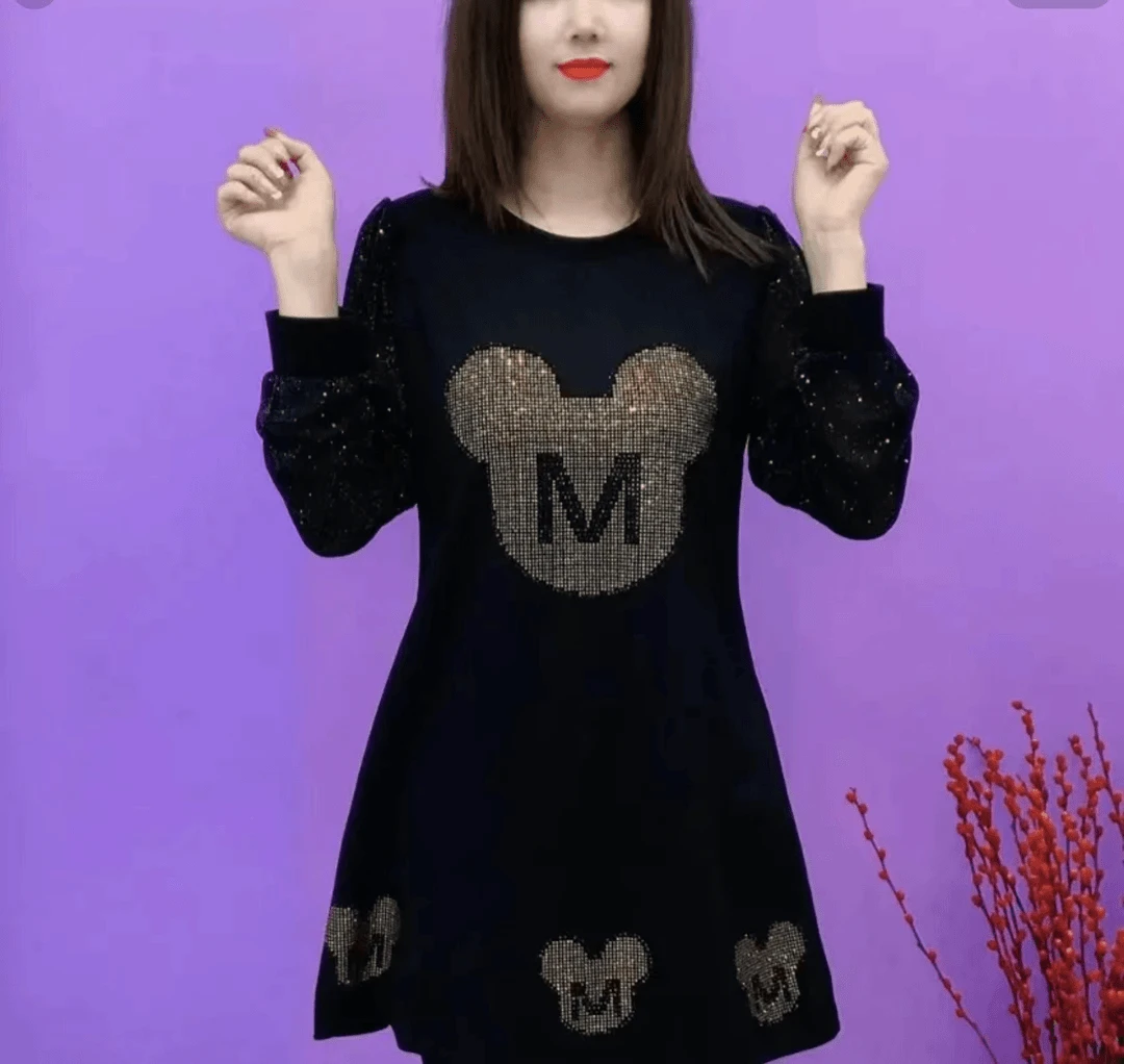 新款烫砖米奇蕾丝显瘦气质长袖中长款修身圆领百搭秋季连衣裙