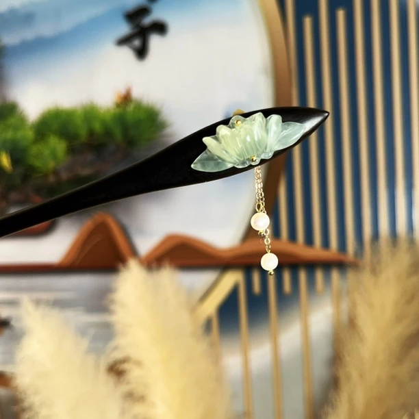 七公子 莲隐 黑檀木双面盘发簪子古典百搭简约古风头饰旗袍发饰