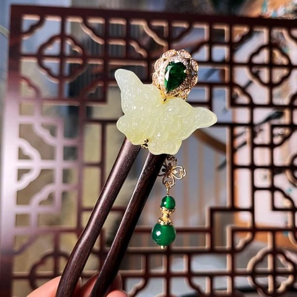 七公子 蝶舞 黑檀木u型发簪旗袍发钗百搭简约日常汉服配饰头饰