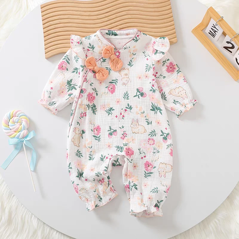 爱丽丝仙境纱布棉软糯透气女宝宝春夏季长袖婴儿薄款碎花连体衣