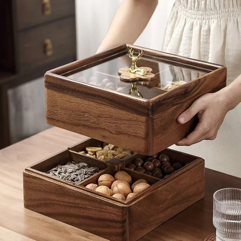 胡桃木四宫格干果盒家用客厅坚果盘方形订婚糖果零食收纳盒实木