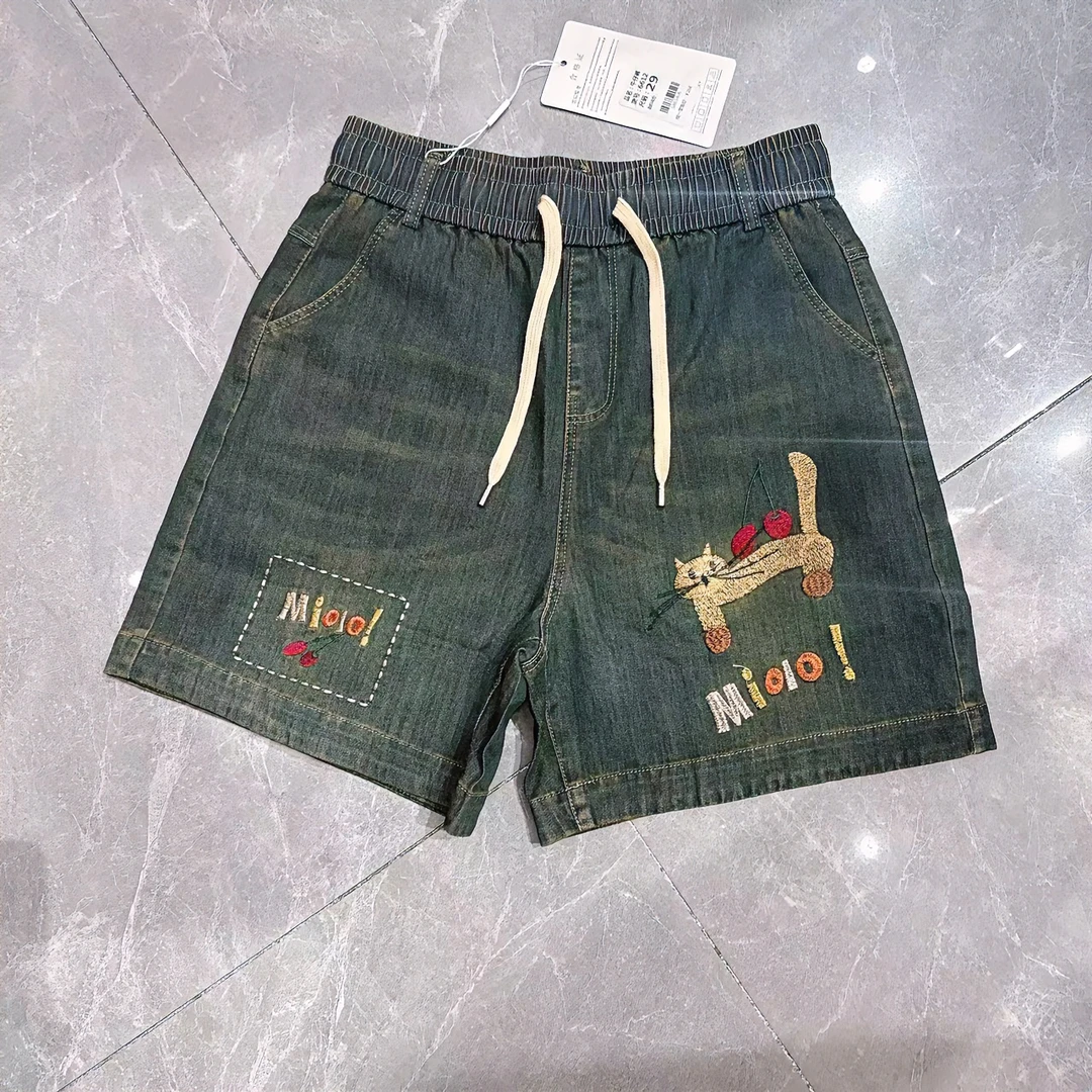 2024夏季新款短裤刺绣松紧腰女士大码四分薄牛仔短裤