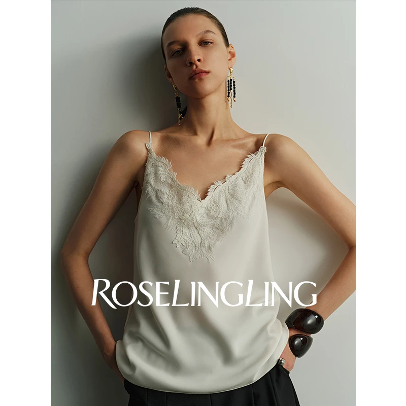 Roselingling刚需内搭定制仿醋酸斜纹肌理感面料蕾丝拼接吊带背心