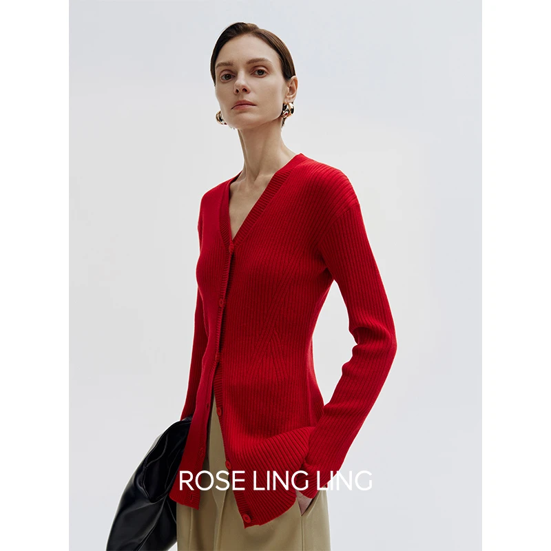 Roselingling经典百搭 换季叠穿刚需沙漏腰设计深V领全绵羊毛开衫