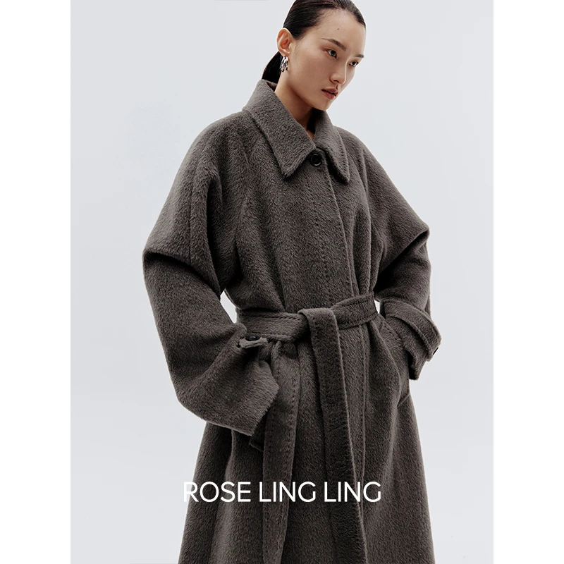 Roselingling秘鲁经典100%苏利羊驼毛高定重工翻领西装绑带大衣