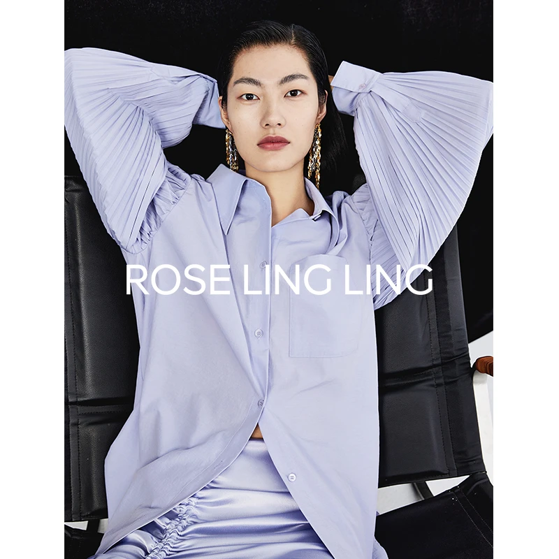 RoseLingLing轻盈褶裥 巴洛克灯笼袖宽松廓形翻领衬衫