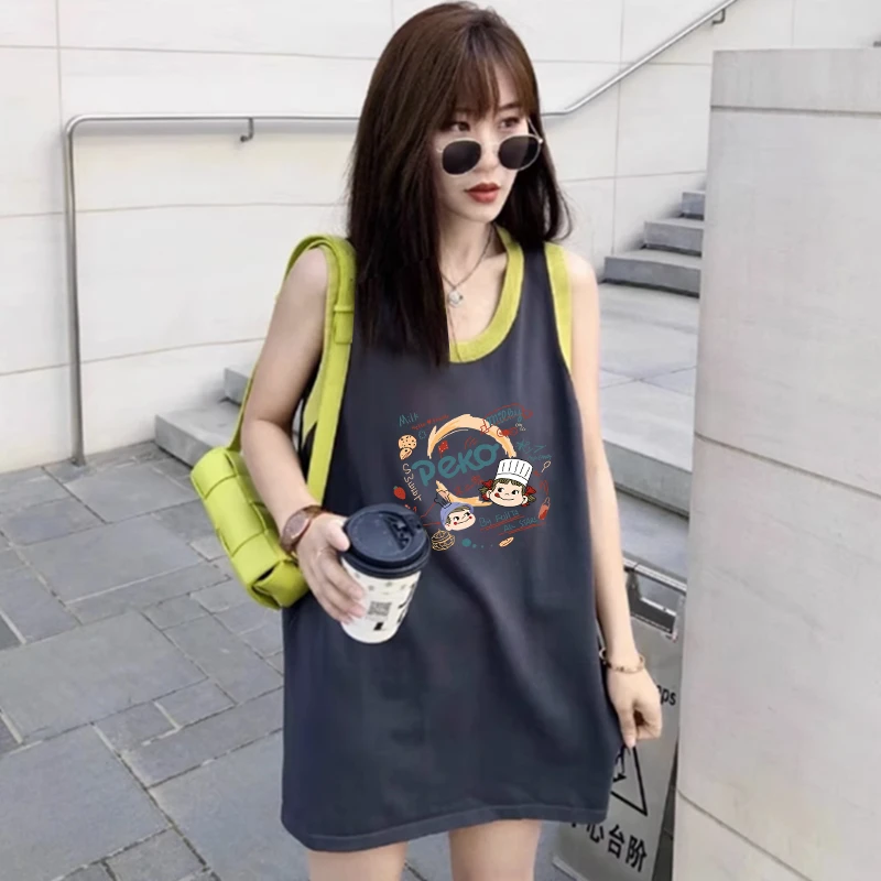 纯棉无袖坎肩T恤女夏季2024新款中长款宽松潮流外穿小背心上衣