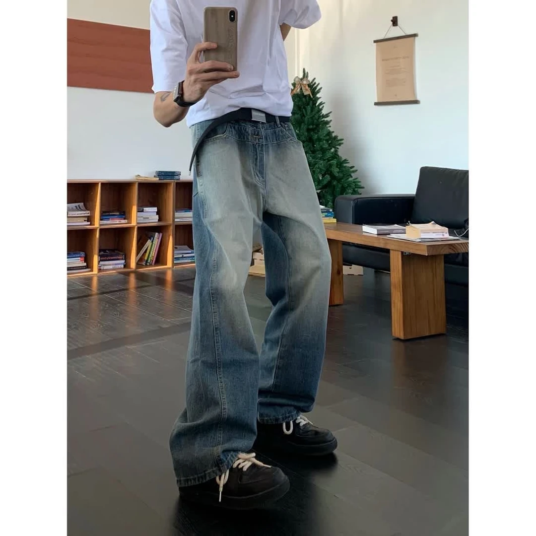 高街做旧百搭美式直筒微阔牛仔裤秋冬新款复古风潮牌男裤休闲长裤