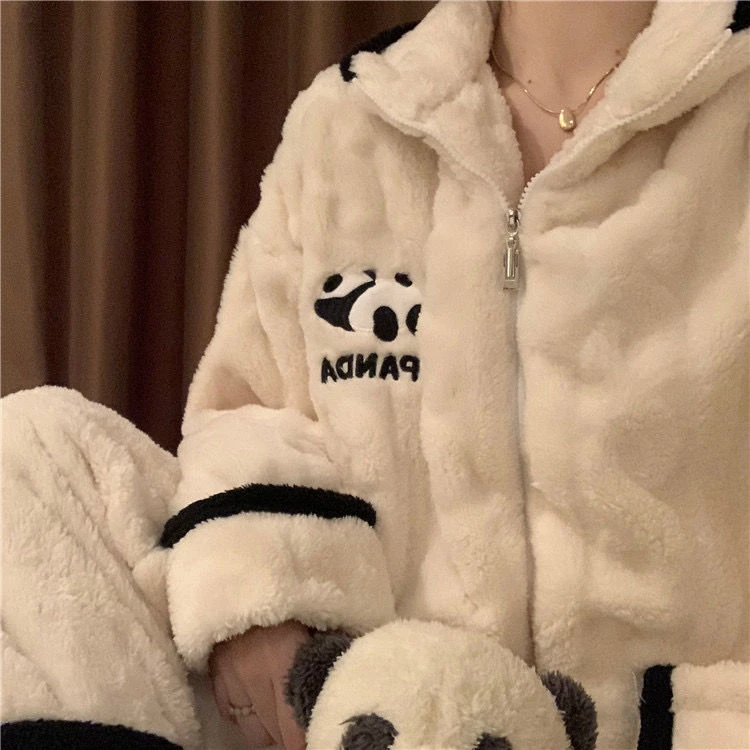 熊猫拉链款加绒睡衣女秋冬季珊瑚绒冬天杏色高级感开衫加厚家居服