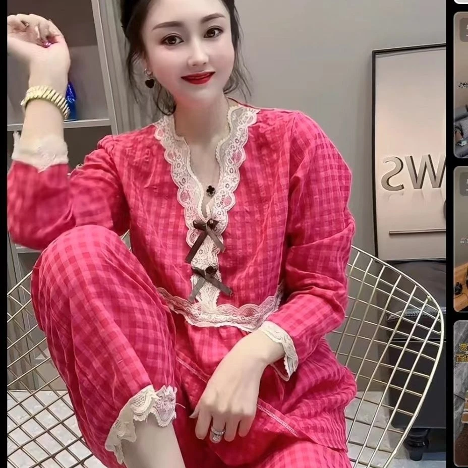 网红睡衣女套装格子爆款韩版舒适遮肉显瘦时尚可外穿高档家居服女