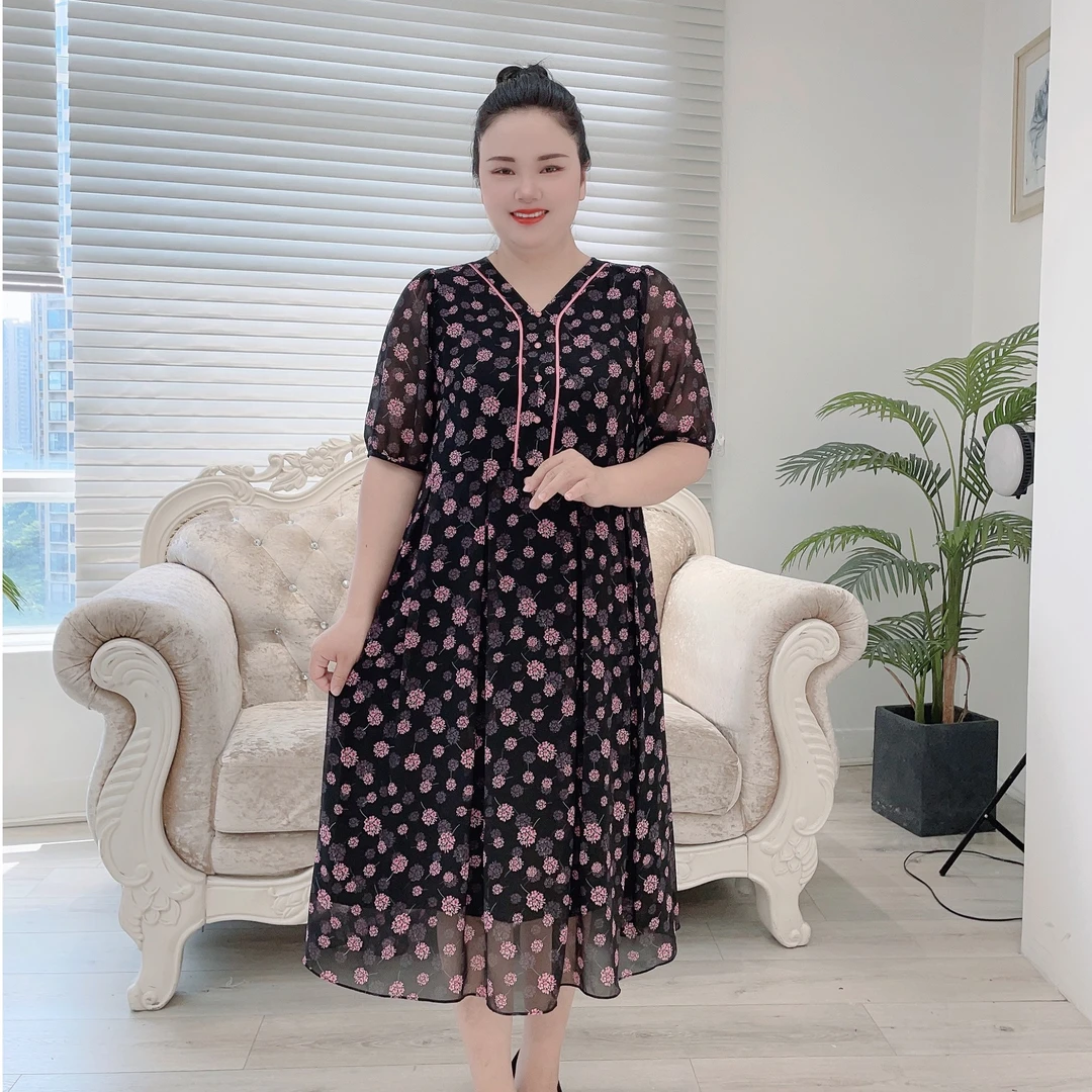 妃紫原创大码 春夏V领超显瘦气质绣球花碎花中长款连衣裙FZ23039