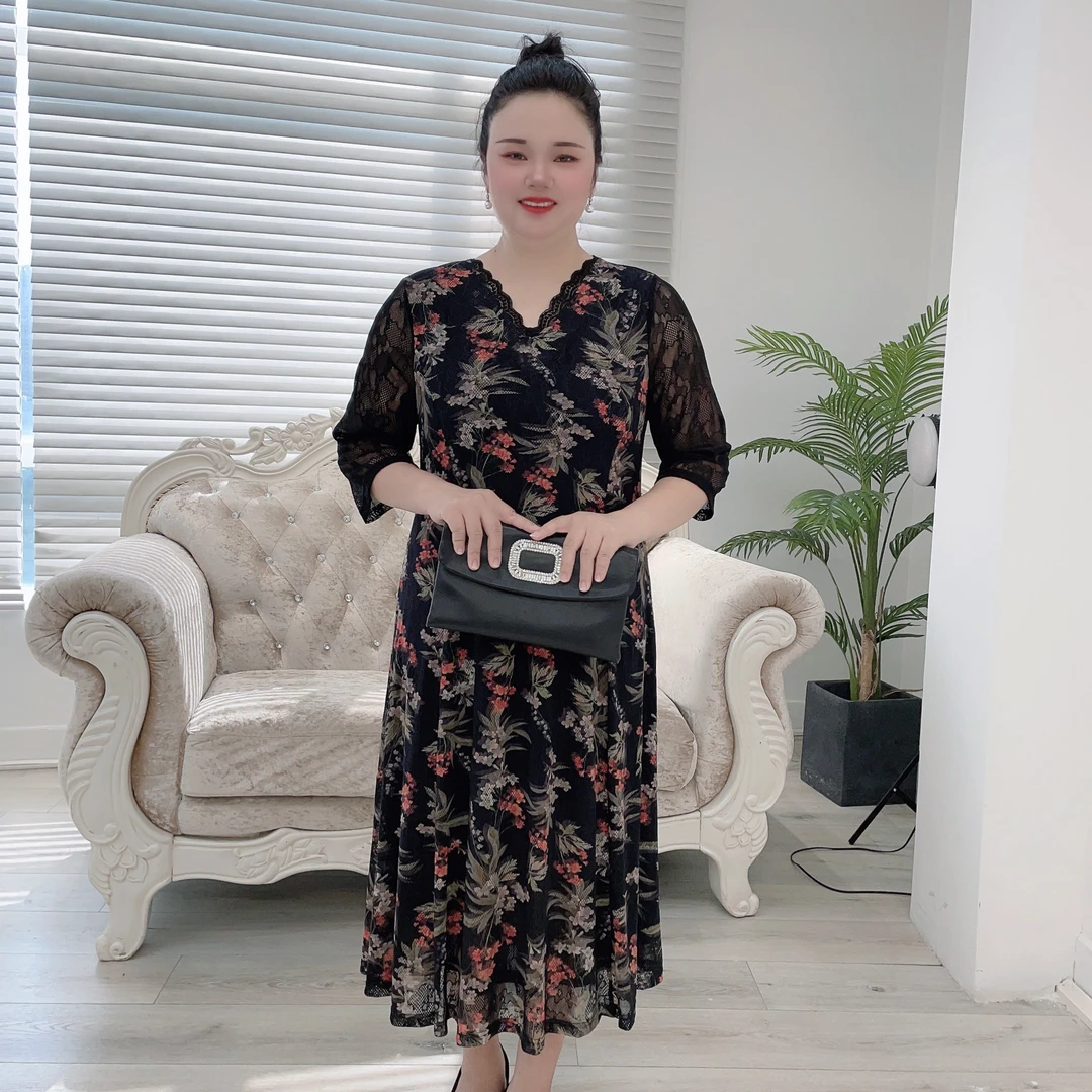 妃紫原创大码女装重磅冰丝锦氨蕾丝碎花时尚显瘦连衣裙FZ23068