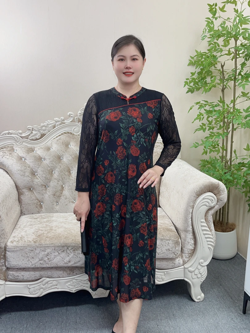 妃紫轻奢大码女装改良国风复古锦氨玫瑰花中长款连衣裙FZ23080