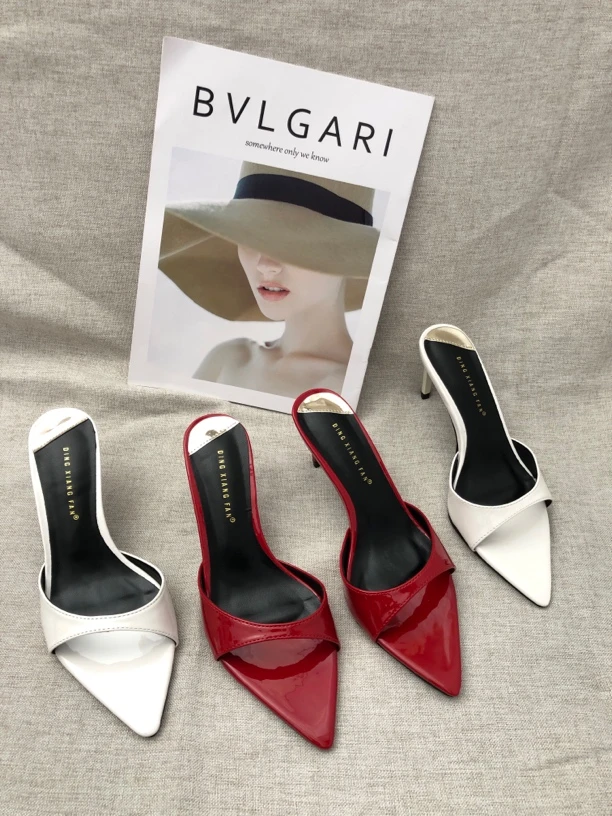 尖头红色高跟鞋女2025爆款洋气凉鞋一字带细跟半拖鞋女夏简约凉鞋