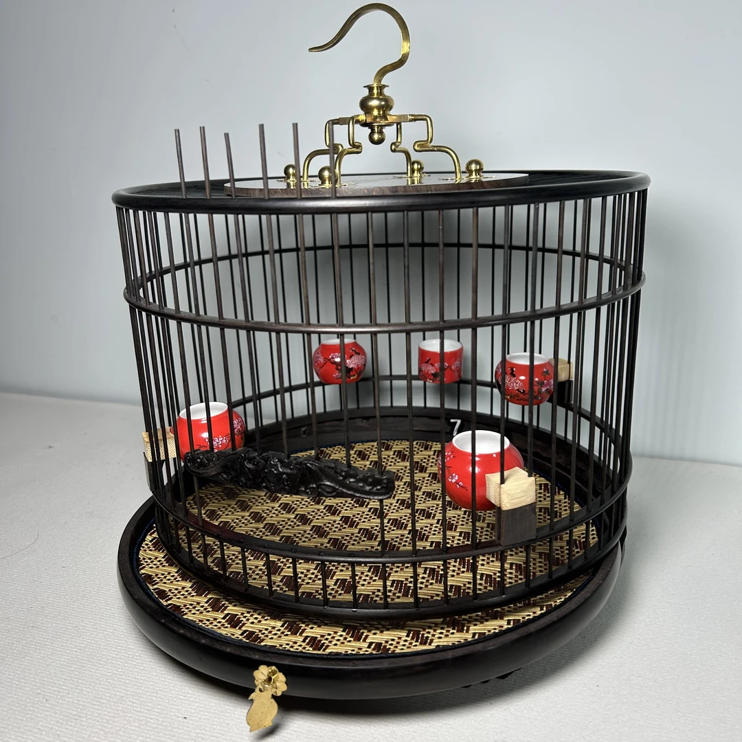 高档红木乌木圆笼红子贝子玉鸟绣眼靛颏带抽屉圆笼雕刻门鸟笼大全