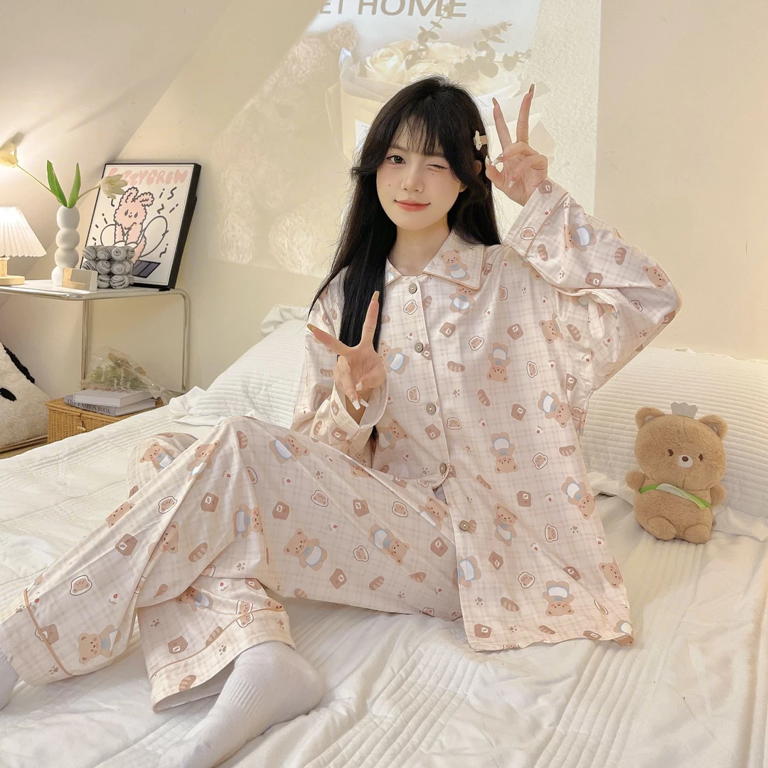 新款网红黄油小熊睡衣女士春秋季长袖格纹开衫可爱卡通家居服套装