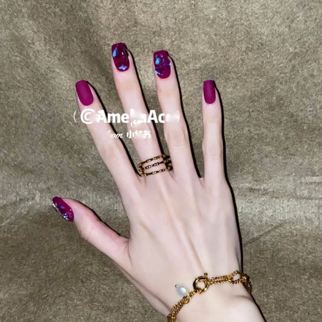 【溜溜梅】高端定制·纯手工穿戴美甲10片贴片短款春夏磨砂气质紫色