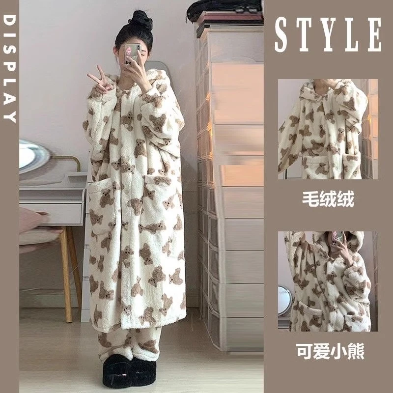 泰迪熊睡衣女冬季2025新款珊瑚绒可爱长款睡袍加厚加绒家居服套装