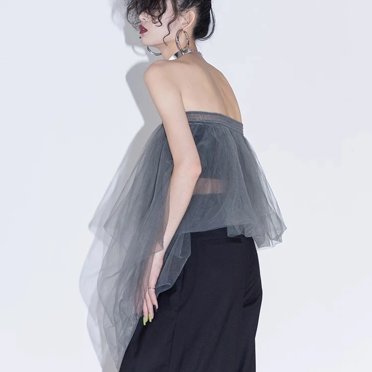 ourhour 不规则层层网纱 乌云灰色显瘦抹胸 女夏设计感短款上衣