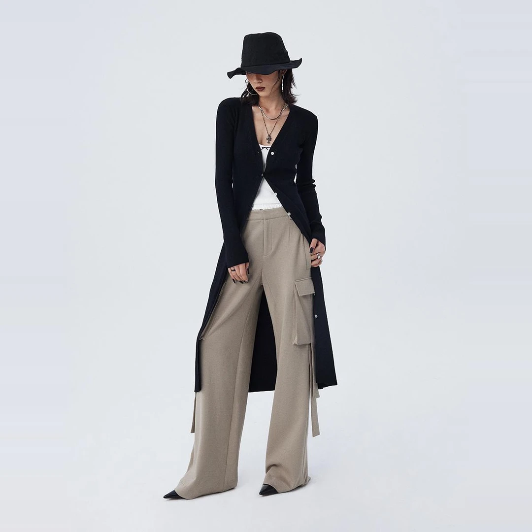 ourhour 慵懒气质 灰色黑色V领过膝长款针织开衫 女冬设计感外套