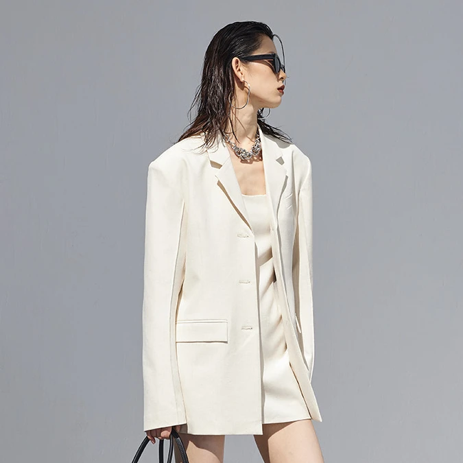 ourhour 知识分子 杏白色亚麻微收腰西装外套 女春设计感西服上衣