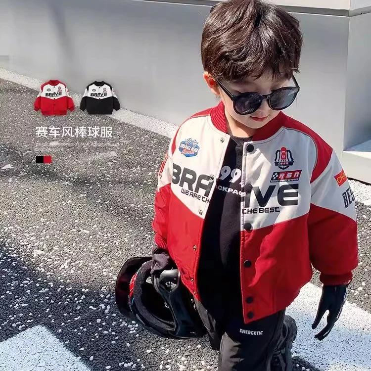 男童棒球服外套春秋款2024新款机车服女宝宝洋气红色夹克儿童上衣
