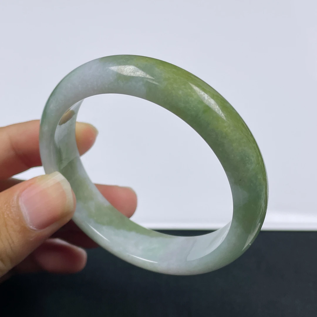 V077缅甸天然翡翠A货55圈口翡翠手镯玉手镯翡翠色双彩妈妈美女款