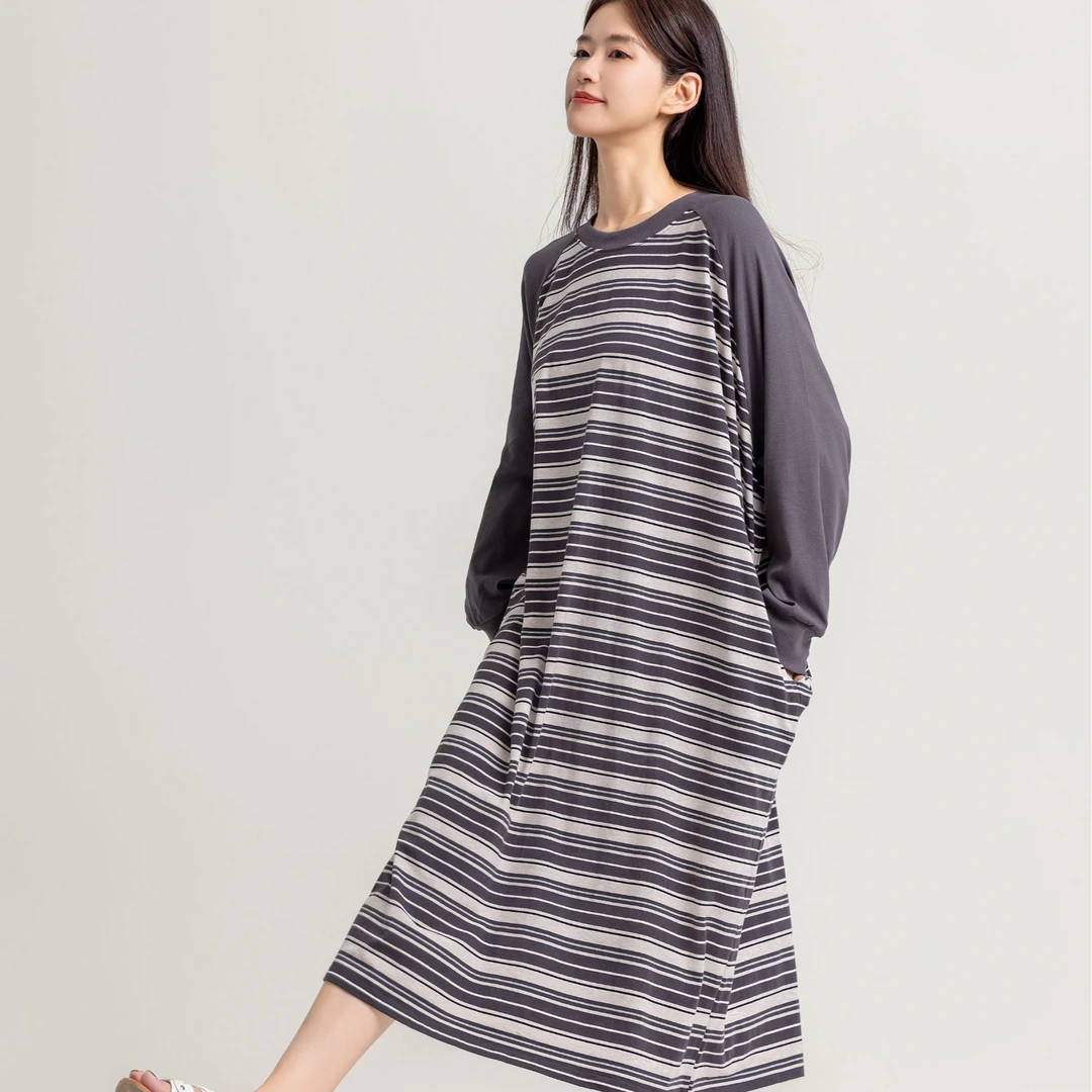 条纹睡衣女款春秋季宽松大码2024新款 长袖睡裙秋款可外穿家居服